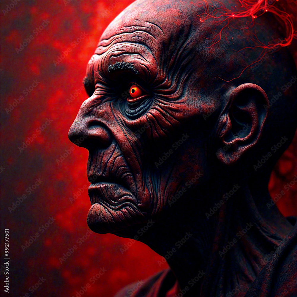 A wrinkled, bald figure with glowing red eyes, side profile, surrounded by fiery red light. A wrinkled, bald figure with glowing red eyes, side profile, surrounded by fiery red light.