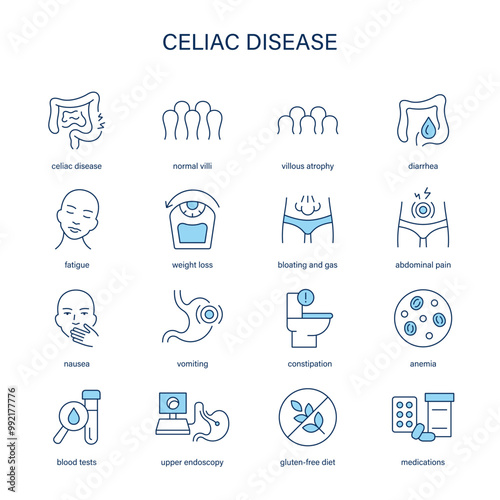 Celiac Disease symptoms, diagnostic and treatment vector icon set. Medical icons.