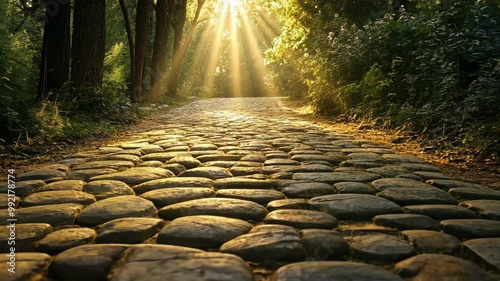 A stone path leads through a forest, sunlight shining through the trees