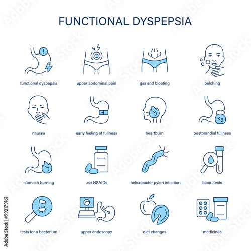 Functional Dyspepsia symptoms, diagnostic and treatment vector icon set. Medical icons.	