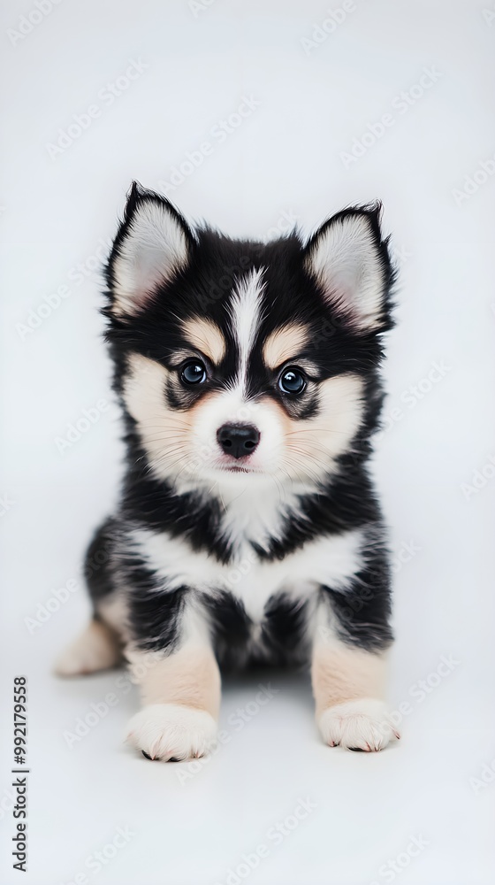 A Pomsky puppy with a curious expression, posed playfully on a minimalistic light background, highlighting its adorable features A Pomsky puppy with a curious expression, posed playfully on a minimalistic light background, highlighting its adorable features