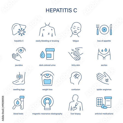 Hepatitis C symptoms, diagnostic and treatment vector icon set. Medical icons.