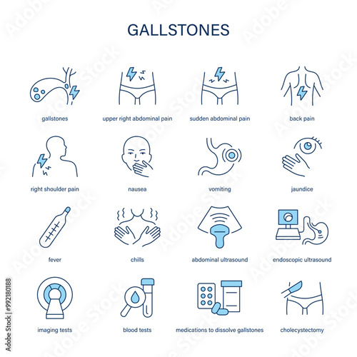 Gallstones symptoms, diagnostic and treatment vector icon set. Medical icons.	