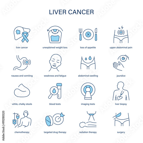 Liver Cancer symptoms, diagnostic and treatment vector icon set. Medical icons.	