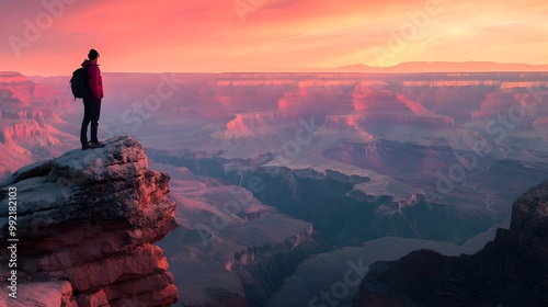 A hiker standing on a rocky cliff overlooking a vast valley, with a sunrise illuminating the landscape in soft pastel colors