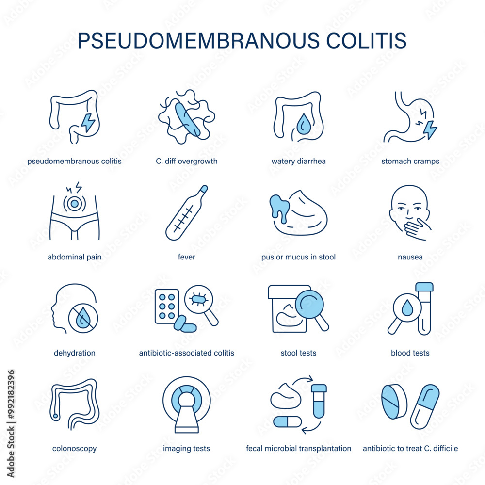 Pseudomembranous Colitis symptoms, diagnostic and treatment vector icon set. Medical icons. Pseudomembranous Colitis symptoms, diagnostic and treatment vector icon set. Medical icons.