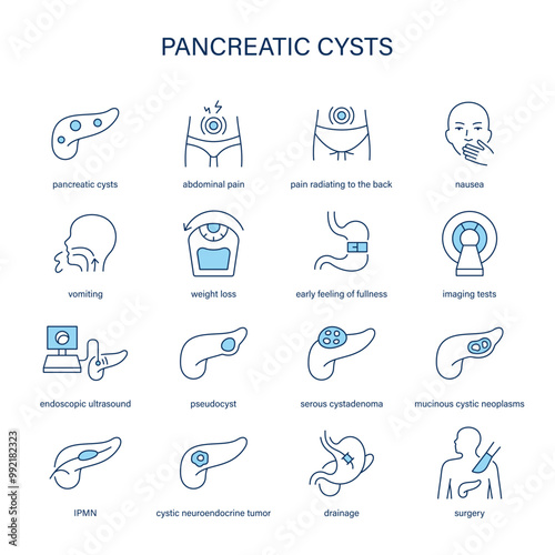 Pancreatic Cysts symptoms, diagnostic and treatment vector icon set. Medical icons.	