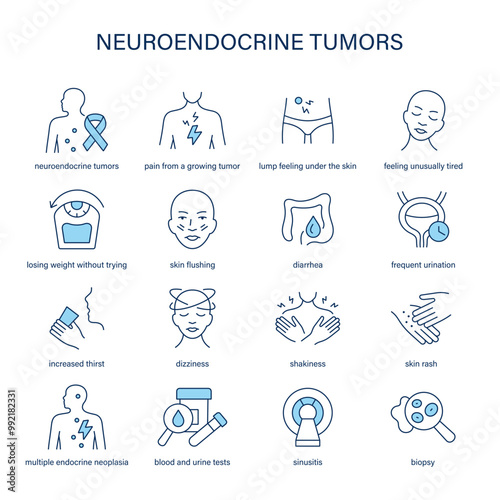 Neuroendocrine Tumors symptoms, diagnostic and treatment vector icon set. Medical icons.	