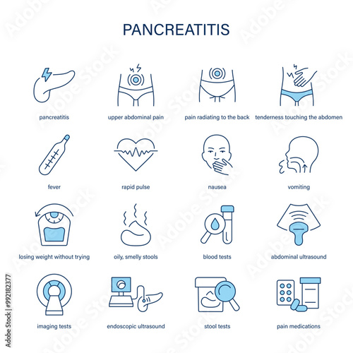 Pancreatitis symptoms, diagnostic and treatment vector icon set. Medical icons.	