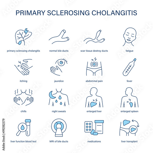 Primary Sclerosing Cholangitis symptoms, diagnostic and treatment vector icon set. Medical icons.	