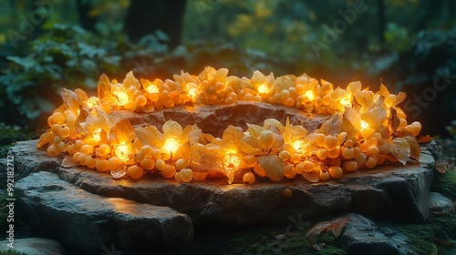 Gooseberries glowing softly the light of a full moon arranged in a circle on an ancient stone altar deep in the forest evoking mystery and ritual Scientific name Ribes uvacrispa photo