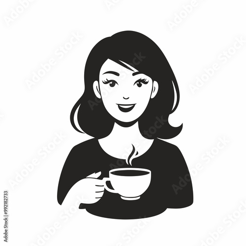 Happy woman enjoying a cup of coffee in black and white illustration