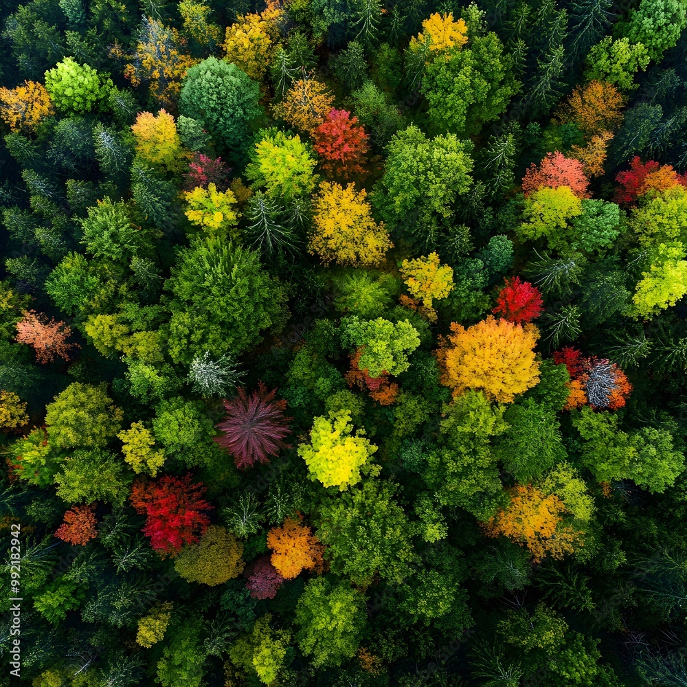 Naklejka premium A breathtaking aerial view of a lush forest canopy, showcasing vibrant green trees interspersed with colorful autumn foliage, against a