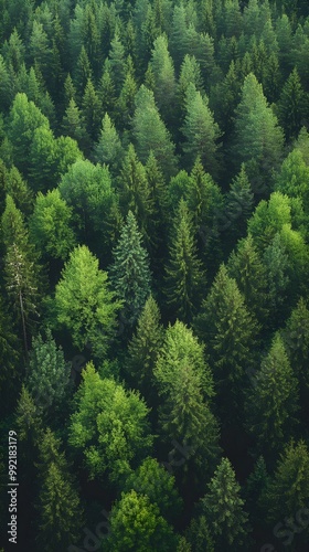 An expansive aerial shot of a thriving forest, emphasizing the diversity of tree species with a soft light-toned background that enhances the natural colors