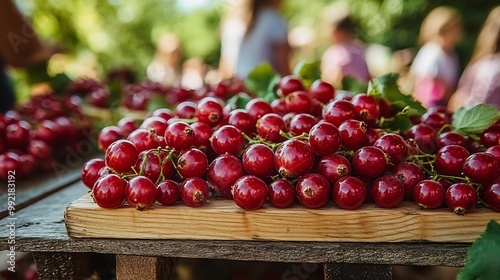 Gooseberries scattered across wooden picnic table at a summer festival with families and children playing in the background evoking joy and community Scientific name Ribes uvacrispa photo