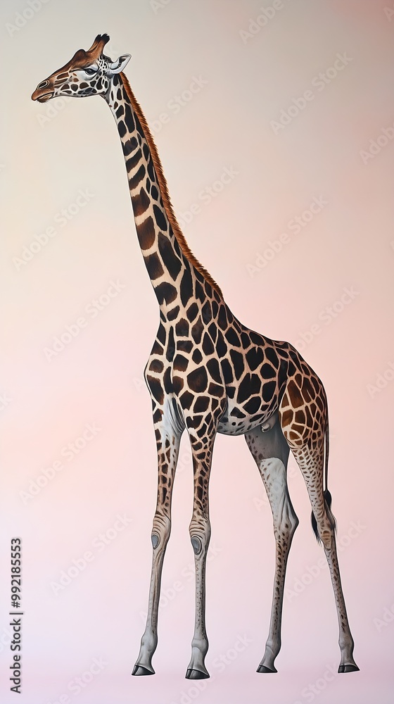 Naklejka premium A lone giraffe stretching its neck towards the sky, set against a gentle gradient background, emphasizing its long legs and unique spots