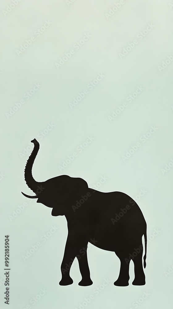 Obraz premium A serene elephant silhouette standing tall, with its trunk raised, set against a pale green background