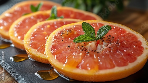 Grapefruit segments arranged artfully a black slate plate in a Michelinstarred restaurant with a drizzle of honey and a sprig of mint adding a touch of sophistication Scientific name Citrus paradisi photo