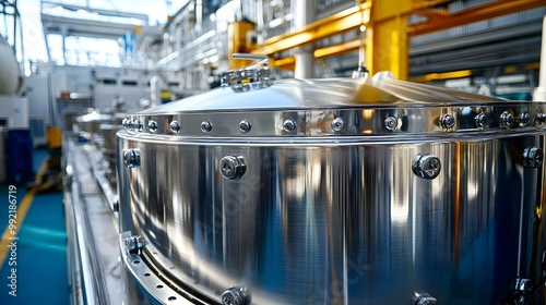 A stainless steel tank on a ship, securely fastened and ready for transport photo