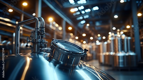 A stainless steel tank with a mirror-like finish under bright industrial lights photo