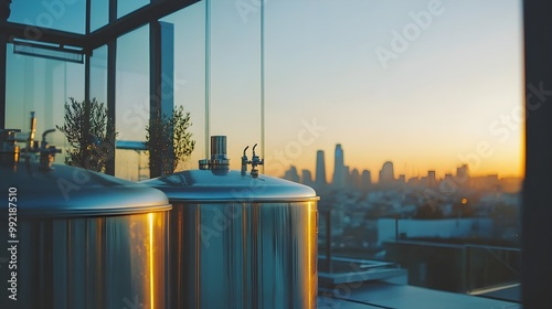 A stainless steel tank with a reflection of a city skyline in its surface photo