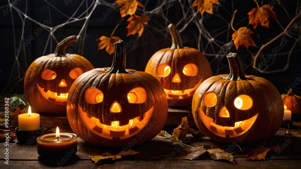 Festive Halloween-themed image featuring four carved pumpkins with glowing, candle-lit faces. The pumpkins are arranged on a wooden surface, surrounded by scattered autumn leaves. Festive Halloween-themed image featuring four carved pumpkins with glowing, candle-lit faces. The pumpkins are arranged on a wooden surface, surrounded by scattered autumn leaves.