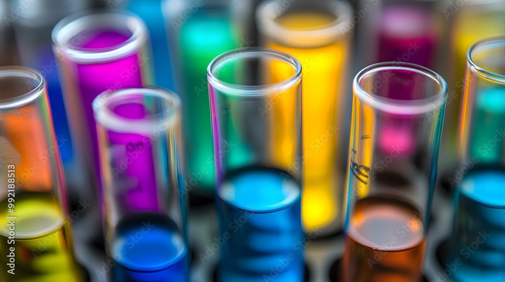 Close-up of Colorful Liquids in Glass Test Tubes Close-up of Colorful Liquids in Glass Test Tubes