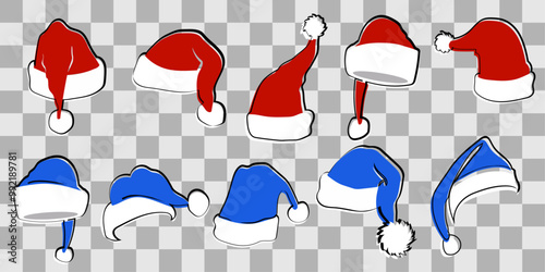 Large set of red and blue Santa Claus hats isolated on a transparent background. Vector collection of Santa caps, holiday hat for Christmas illustration