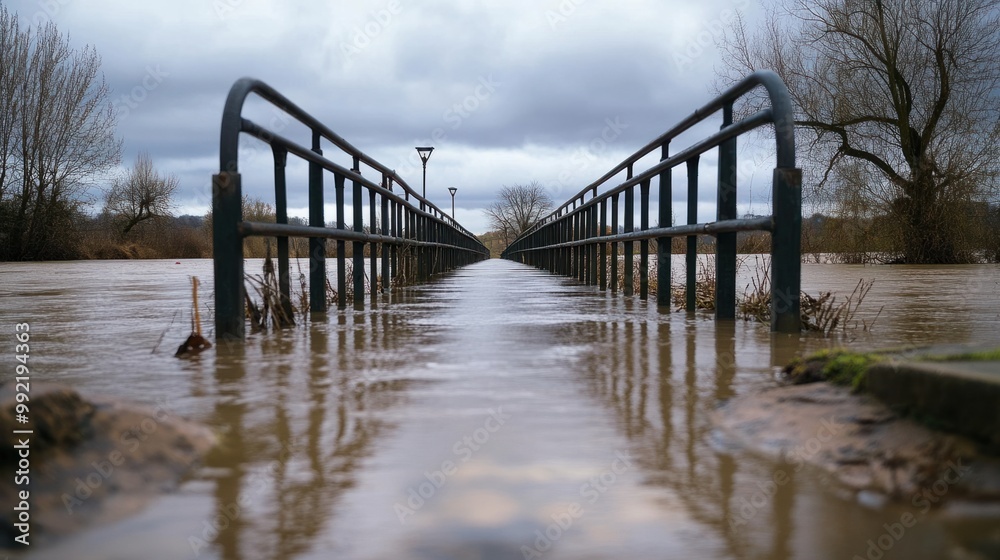 A bridge almost completely submerged by floodwater, with only the railing visible above the surface. A bridge almost completely submerged by floodwater, with only the railing visible above the surface.