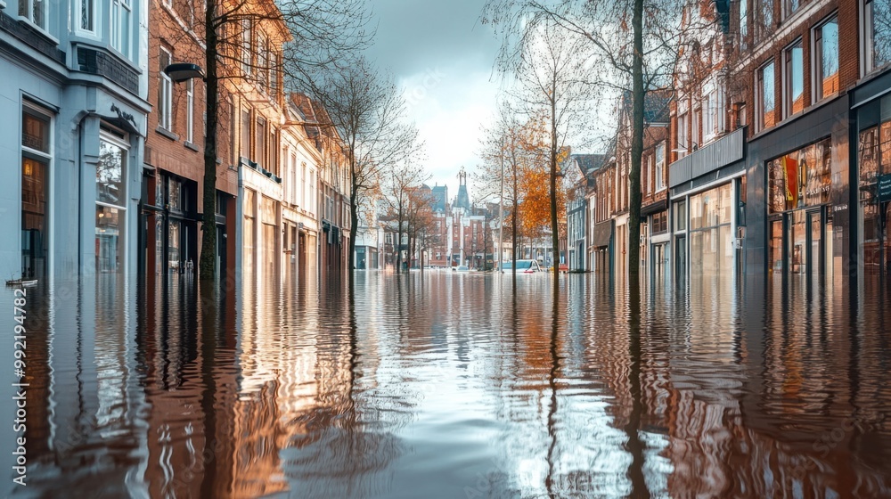 Fototapeta premium A city street submerged by floodwater after heavy rain, with reflections of buildings in the standing water.