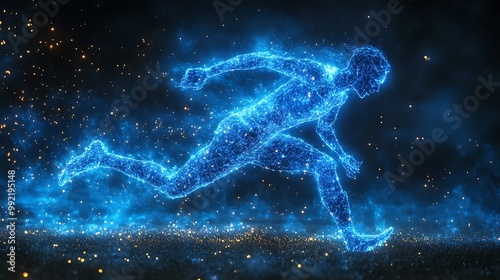  Blue digital soccer player with glowing data, artificial intelligence into athlete performance analysis and training, enhancing player skills, strategy, and overall team performance design 