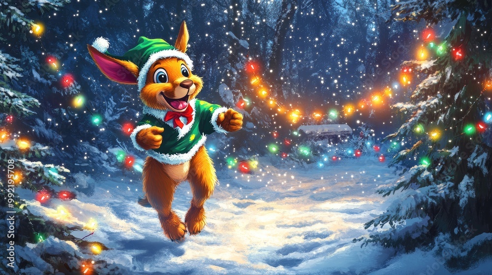 Naklejka premium A joyful cartoon kangaroo dressed as an elf, hopping through a snowy forest filled with Christmas lights.
