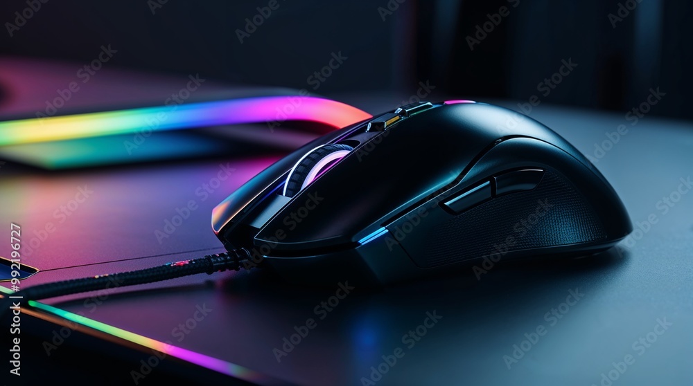 Modern wired gaming mouse illuminated with vibrant RGB lighting. Modern wired gaming mouse illuminated with vibrant RGB lighting.