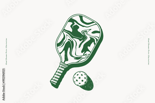 Hand-drawn pickleball paddle and ball Illustration with swirl design in green. Ideal for sports-themed designs, especially pickleball lovers.