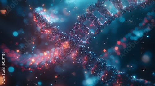 A Glittering DNA Double Helix with a Blue and Red Background