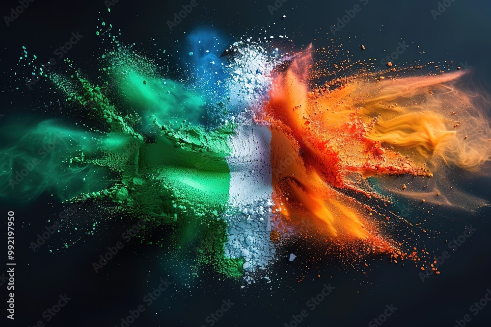 Obraz premium Powder explosion. Splash of paint in India or Ireland flag color. Vector illustration