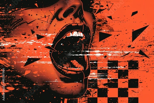 Punk collage. Halftone-style mouth open in a scream. Triangles fly out of it like an abstract sound. Bright red checkered background. Grunge y2k vector banner