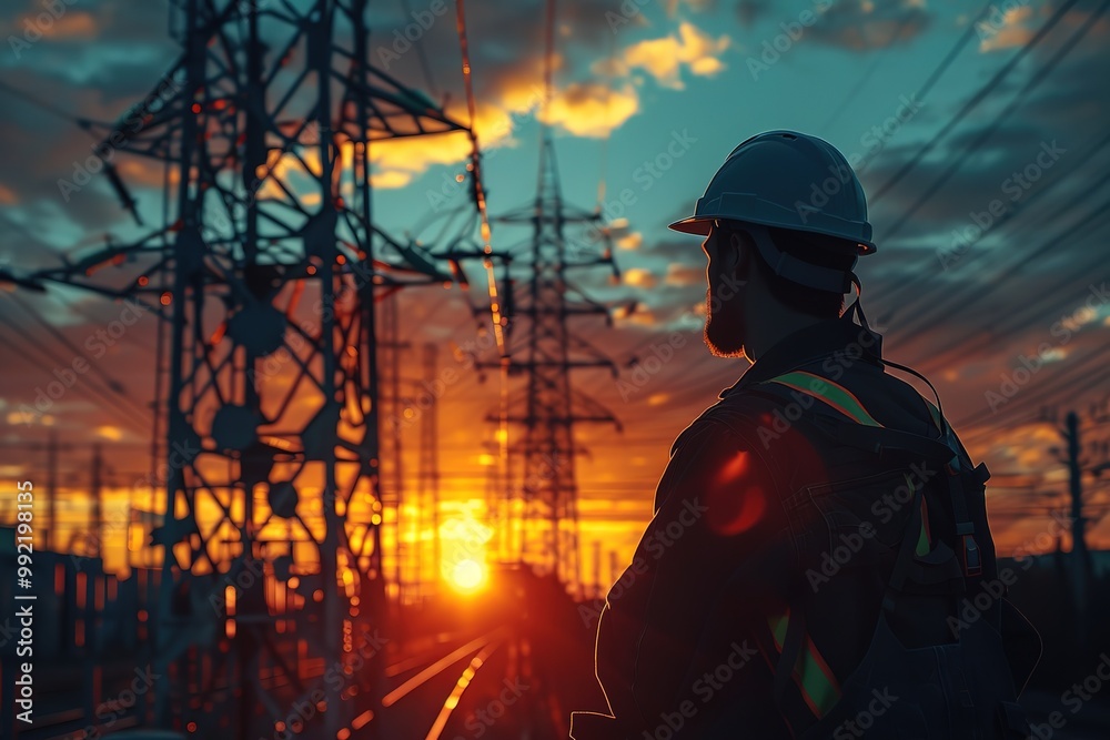 Silhouette electrician work on high ground heavy industry. Construction of the extension of high voltage in high voltage stations and rig