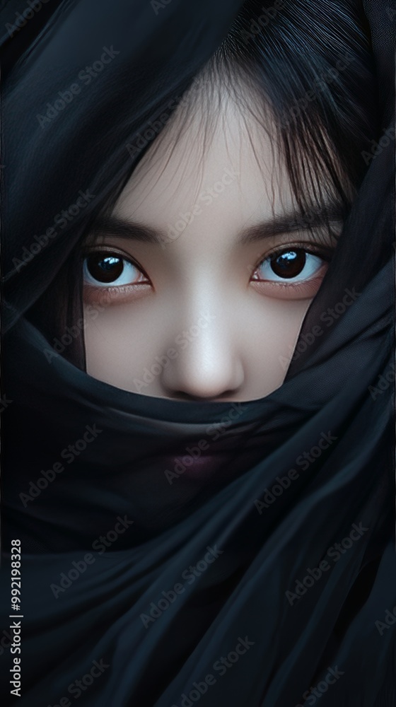 Naklejka premium Beautiful Witch Eyes with Flowing Black Fabric in Motion