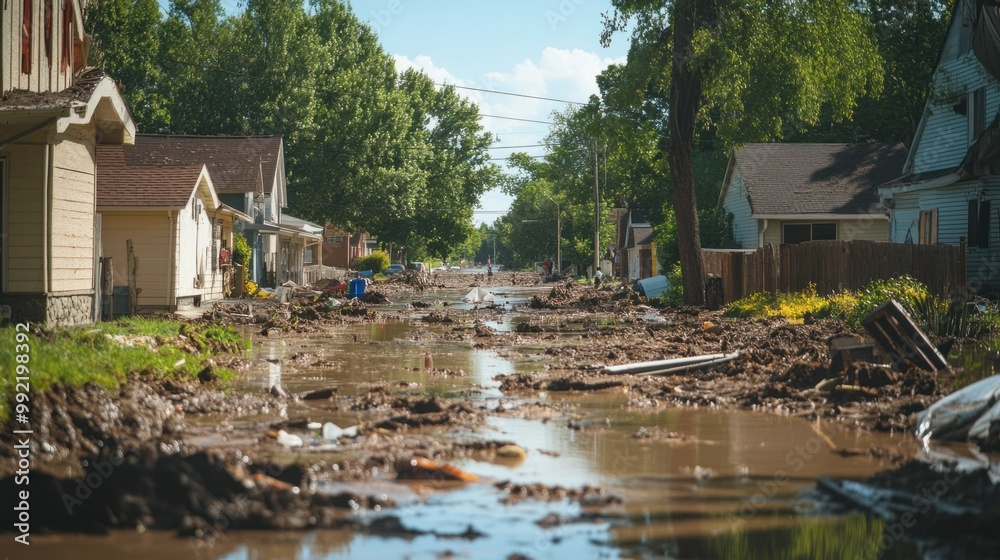 A neighborhood in the aftermath of a flood, with water receding but debris and mud covering the streets and yards. A neighborhood in the aftermath of a flood, with water receding but debris and mud covering the streets and yards.