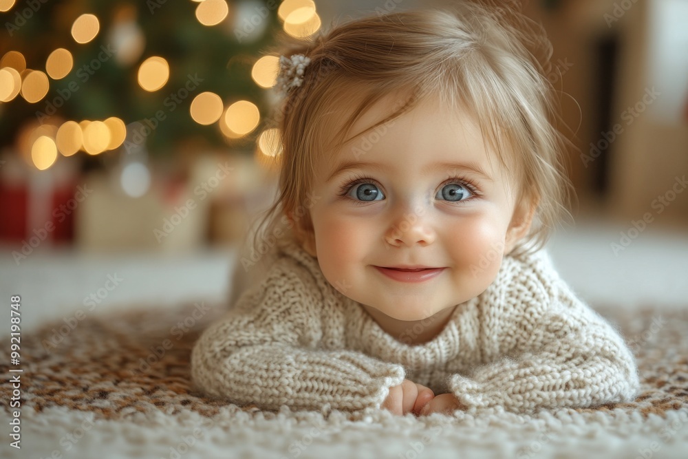 Cute little girl in sweater at home on Christmas eve, looking at camera. Portrait of cute little girl in knitted sweater on Christmas background. Cute little girl in sweater at home on Christmas eve, looking at camera. Portrait of cute little girl in knitted sweater on Christmas background.