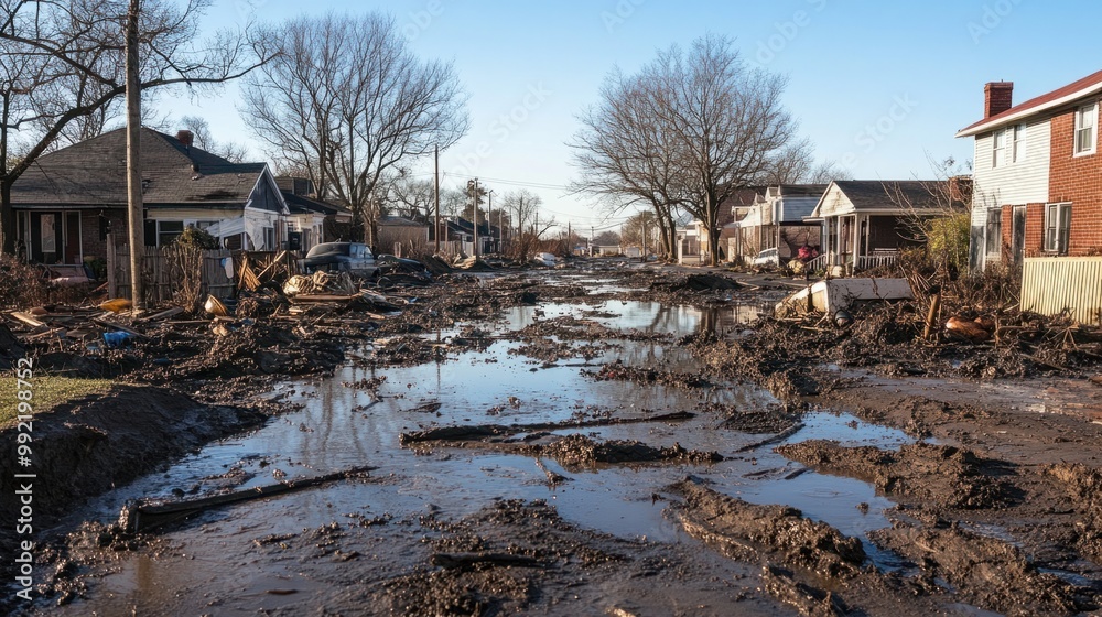 A neighborhood in the aftermath of a flood, with water receding but debris and mud covering the streets and yards.