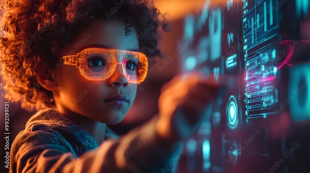 A young child in a modern pediatric clinic, holding up a holographic vaccination sticker, futuristic design with bright neon lights, glowing digital elements A young child in a modern pediatric clinic, holding up a holographic vaccination sticker, futuristic design with bright neon lights, glowing digital elements