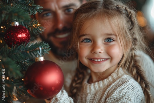 Portrait of a cute little girl decorate the Christmas tree with red balls. Christmas tree at home. 