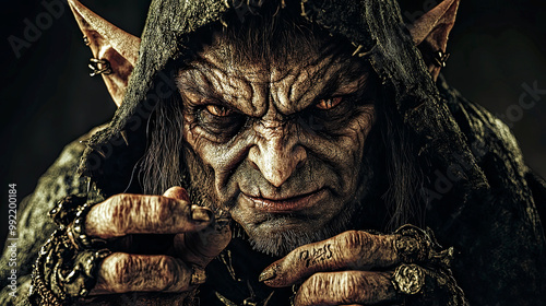 Portrait of sinister evil fantasy creature hooded goblin, dark eerie scary villain, ancient mystical folklore creature, supernatural wrinkled horror