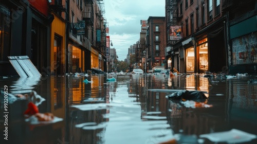 Flooded city streets with high water levels reaching storefronts, trash floating on the surface, and reflections of buildings in the water.