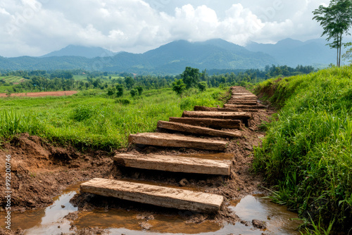 A scenic pathway of wooden planks leading through lush greenery, offering a glimpse of mountains under a cloudy sky.