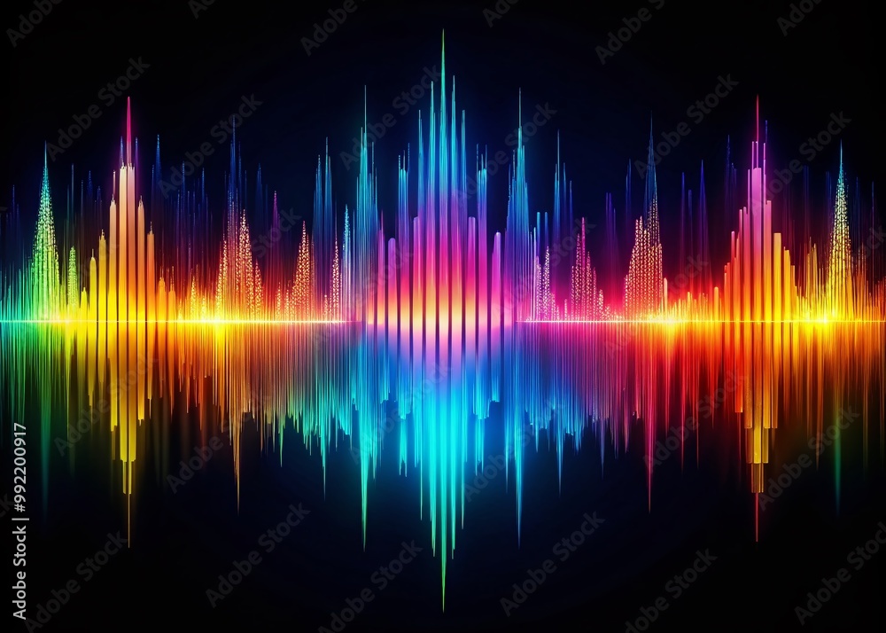 Abstract digital sound wave representation with vibrant colors illustrating audio frequency patterns Abstract digital sound wave representation with vibrant colors illustrating audio frequency patterns