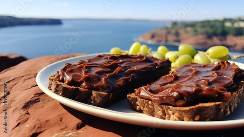 Jujube fruit chutney spread multigrain toast served on a bright sunlit terrace with ocean waves softly blurred in the background promoting a light and healthy snack Scientific name Ziziphus jujuba