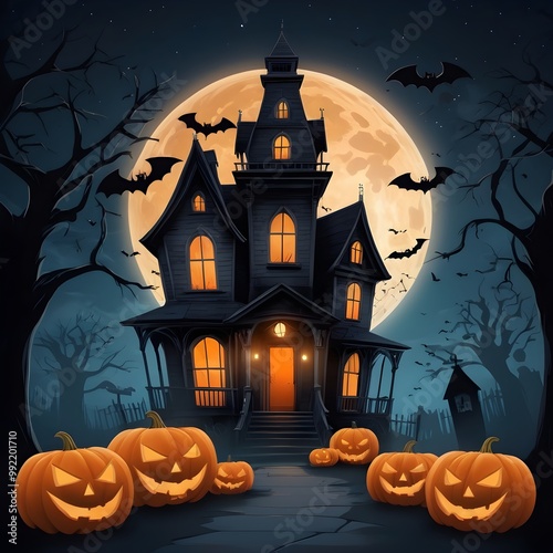 Creepy Haunted House Surrounded by Fog on Halloween Night